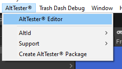 Window menu with AltTester® Unity SDK Options