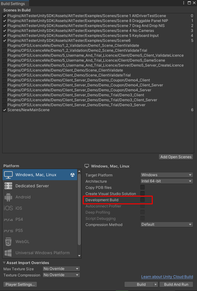 Build Settings menu from Unity