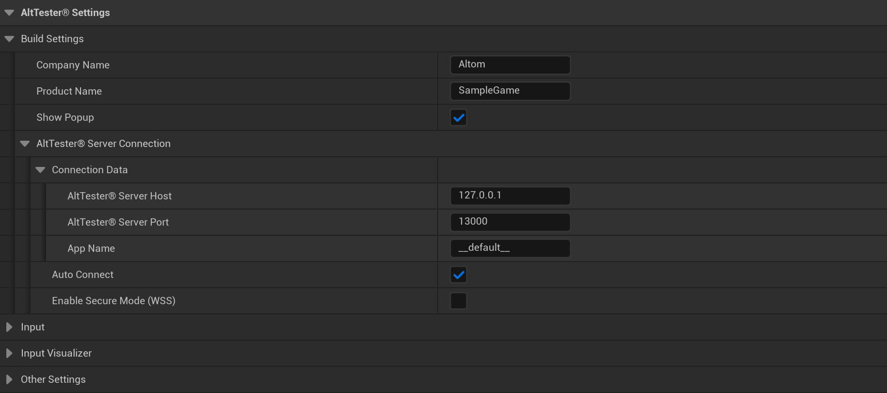 AltTester® Settings - Build Settings