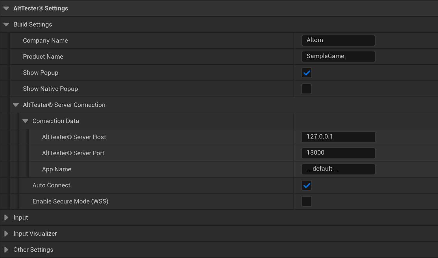 AltTester® Settings - Build Settings